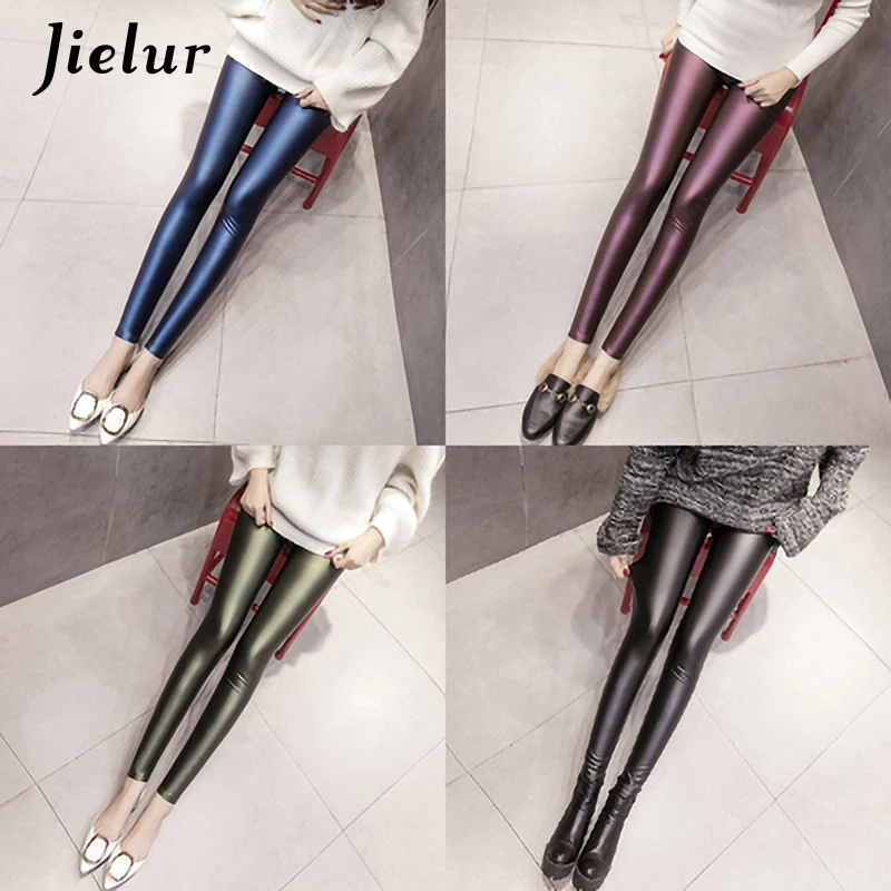 Jielur PU Faux หนังกางเกงขายาวผู้หญิงฤดูใบไม้ร่วง 4 สีกางเกงผอมหญิงเกาหลี Slim สุภาพสตรีขนแกะดินสอ Leggins S-3XL