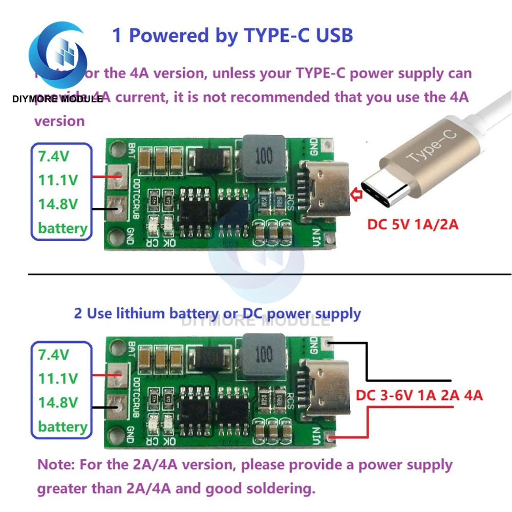 Multi-Cell 7.4V 11.1V 14.8V 18650 Lithium Battery 2S 3S 4S Type-C To 8.4V 12.6V 16.8V Step-Up Boost LiPo Polymer Li-Ion Charger