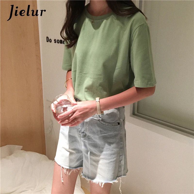 Jielur Tee Shirt Solid Color Basic T Shirt Women Casual O-neck Harajuku Summer Top Korean Hipster White Tshirt S-XL