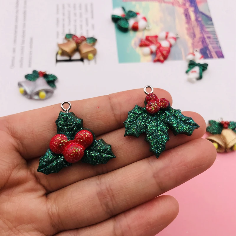 10pcs Hot New Resin Cute Christmas Candy Cane Charm Bell Holly Pendant for Keychain, Earring, Scrapbooking, DIY Making, Necklace