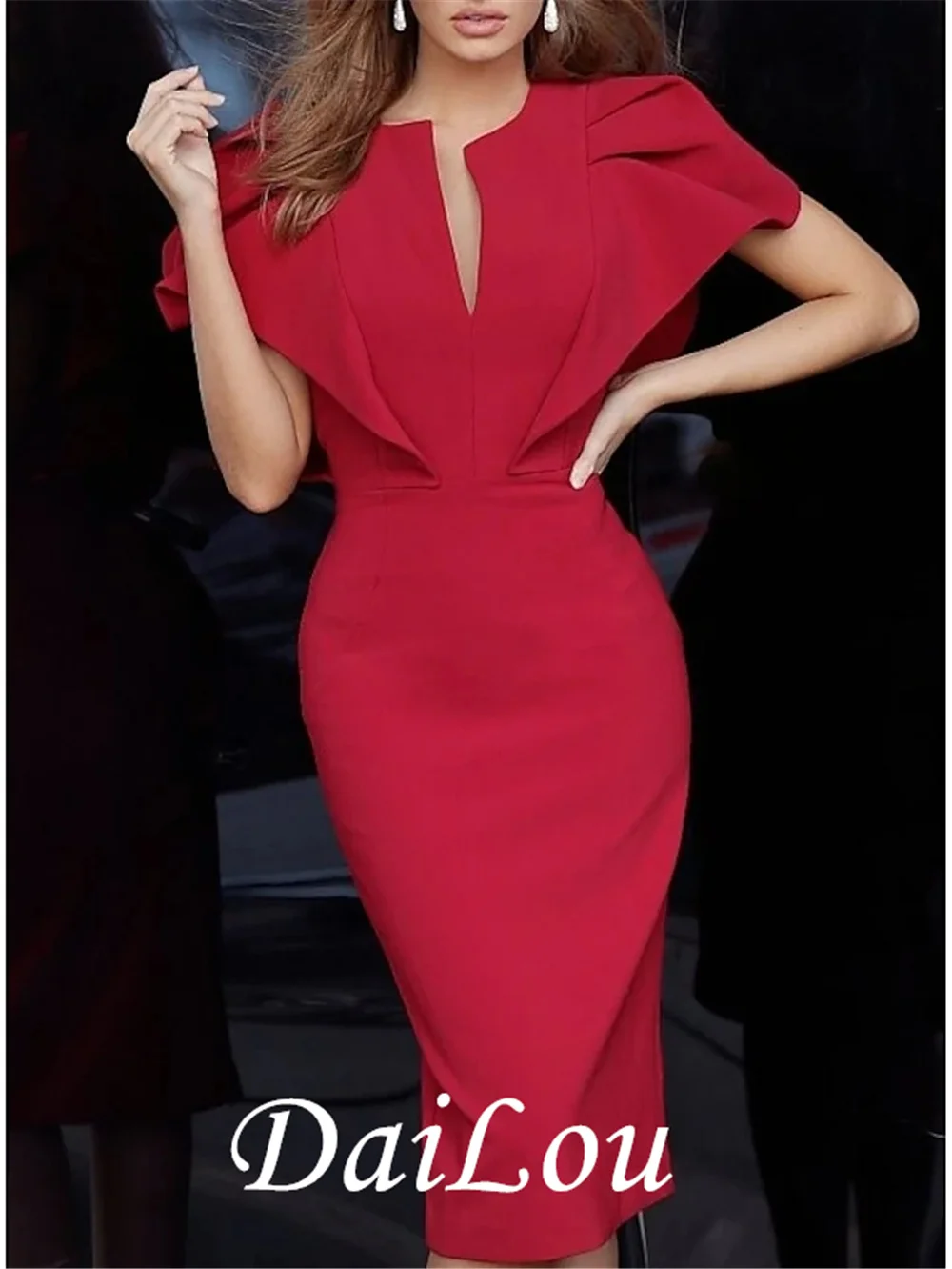 Elegant Wedding Guest Formal Evening Valentine's Day Dress V Neck Short Sleeve Knee Length Jersey with Sleek 2022