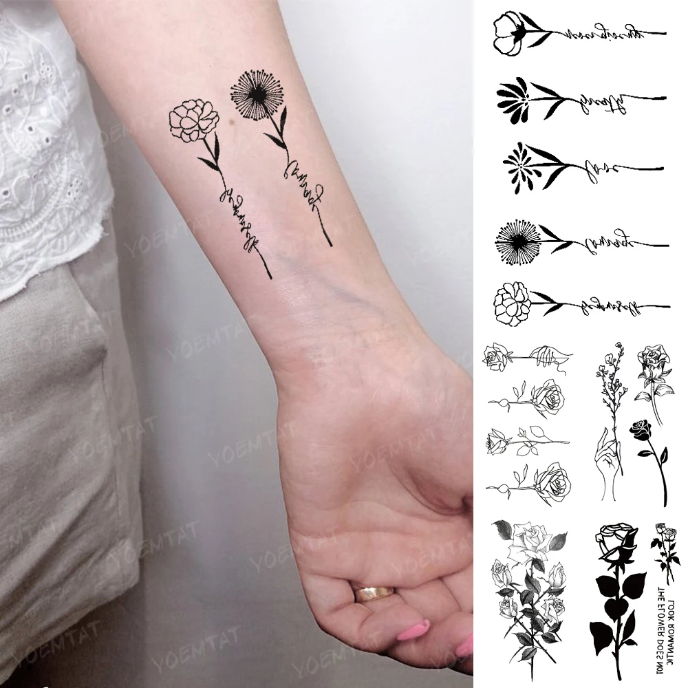 

Water Transfer Temporary Tattoo Sticker Rose Peony Flower Black Line Flash Tattoo Woman Girl Man Arm Body Art Fake Tattoo Child