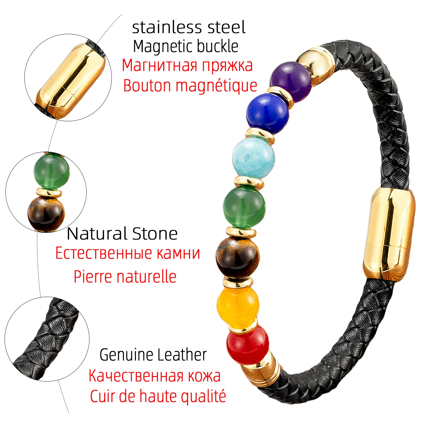 YISHUCHA,Chakra Bracelet For Women,Round,Natural Stone Bracelet,Black,Leather Rope Chain,Neutral,Couple Bracelet,Yoga Jewelry