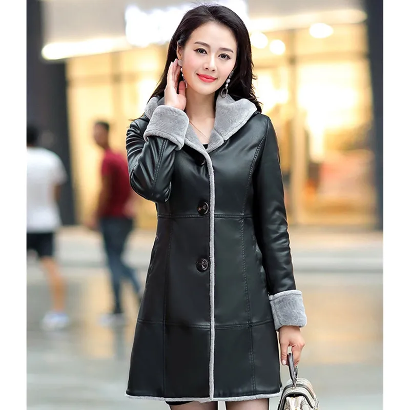 UHYTGF Leather Jacket for Coat Womens Winter leather jacket Women Hooded Fleece Coat Warm Long Leather Coat Female Outerwear 520