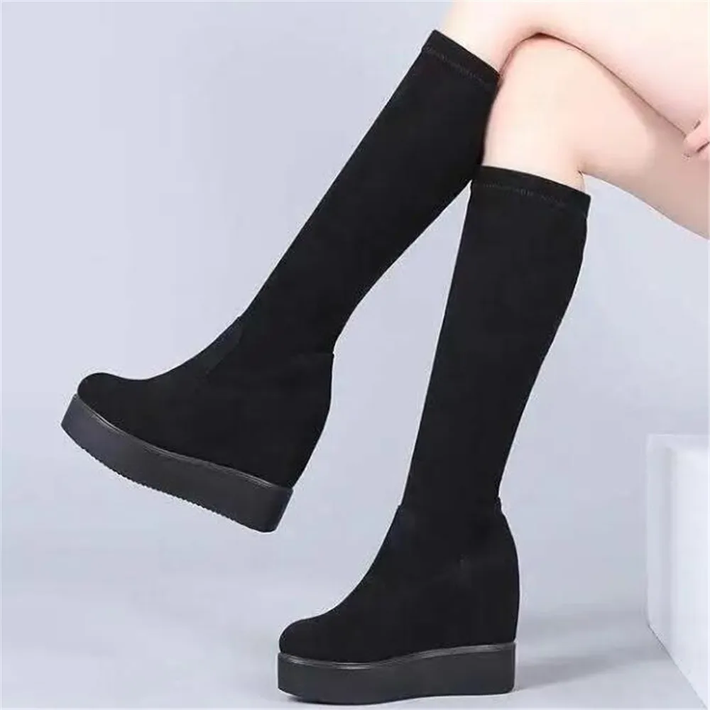 High Tube Boots Women 2024 New Flock Rear Lace Up Knight Booties Thick Bottom Shoes Inner Increase Elastic Fashion Boots Black