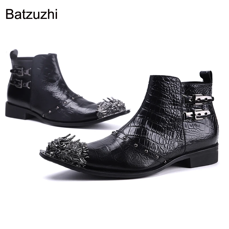 

Batzuzhi New Design Golden Metal Toe Red Genuine Leather Short Boots Men Western Fashion Men Boots Shoes Zip Party Botas Hombre