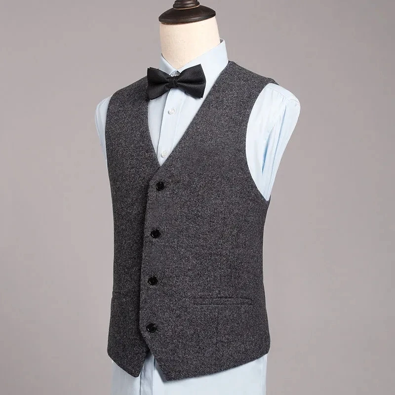 Suit Vest Men Clothing Woolen Cloth V-Neck Casual Gilet Spring Autumn Thick Business Male Waistcoat Sleeveless Warm Chaleco