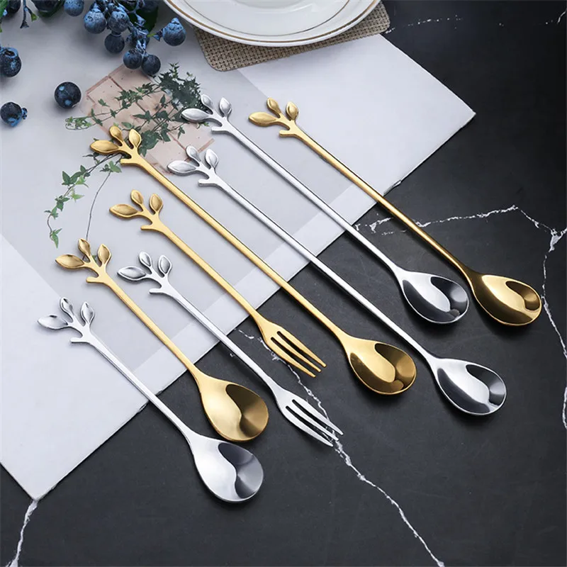 

Creative Features Stainless Steel Leaf Spoon Fork Coffee Stirring Spoon Iced Dessert Spoon Fruit Spoon Tea Spoon Holiday Gift