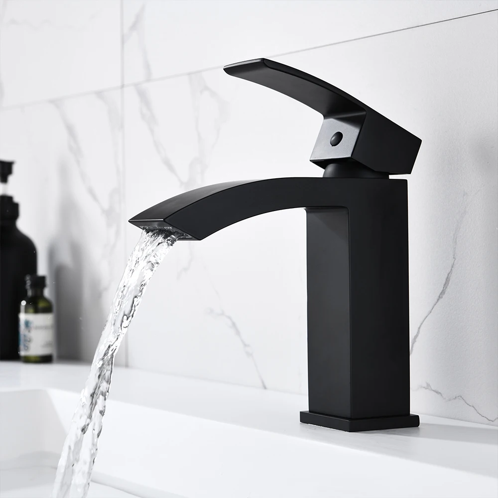 

SKOWLL Bathroom Faucet Single Hole Vanity Faucet Deck Mount Bath Sink Faucet Modern Basin Mixer Faucet HG-6771, Matte Black