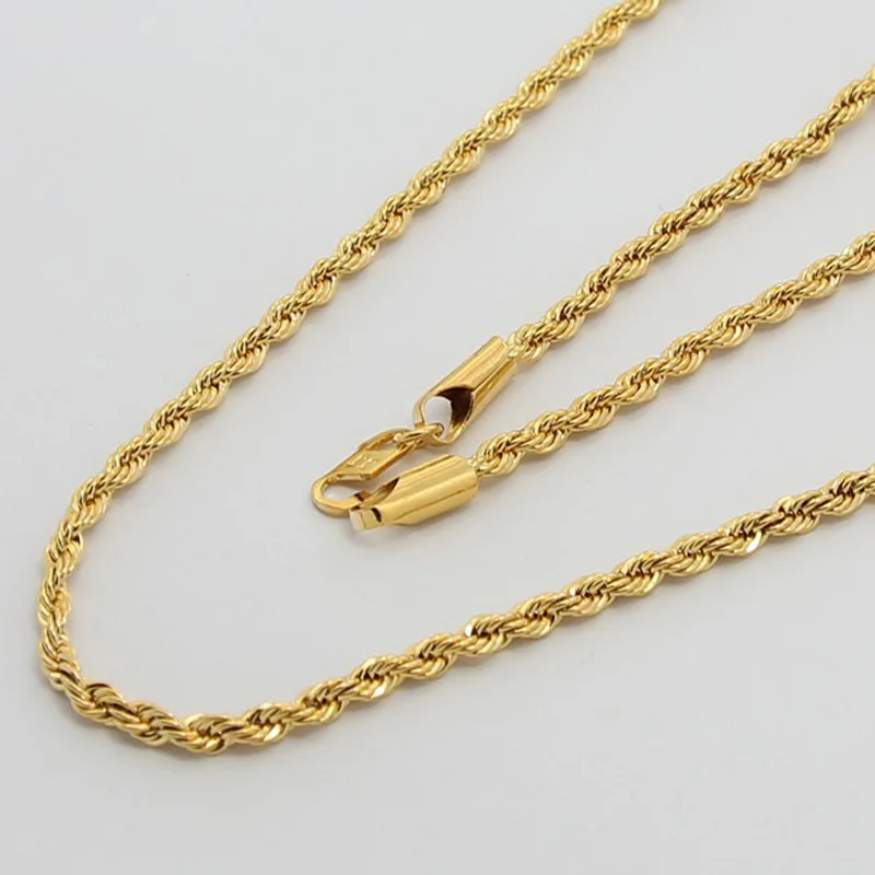 Pure Gold Color 3mm Rope Chain Necklace For Men,Fashion 24k Gold Filled Popular 45cm-60cm Long Chain Punk Party Jewelry Gift