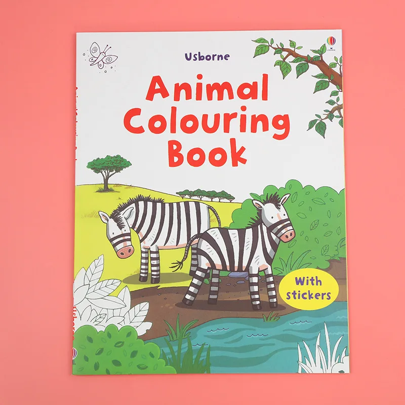 Pegatina de Usborne para colorear, libro en inglés para niños, estudio de escena educativa, libro de imágenes de animales de dibujos animados, edad 1 arriba