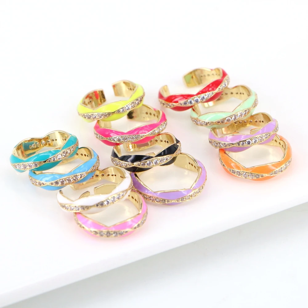 10PCS, Rainbow Colorful Stackable Opening Zircon Ring For Women, Enamel Gold Plated Engagement Band Finger Ring