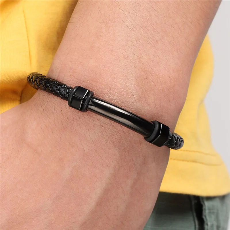 High Quality Trendy Bracelet Men Jewelry Black Braided Leather Handmade Bracelet Stainless Steel Magnetic Clasps Punk Wristband