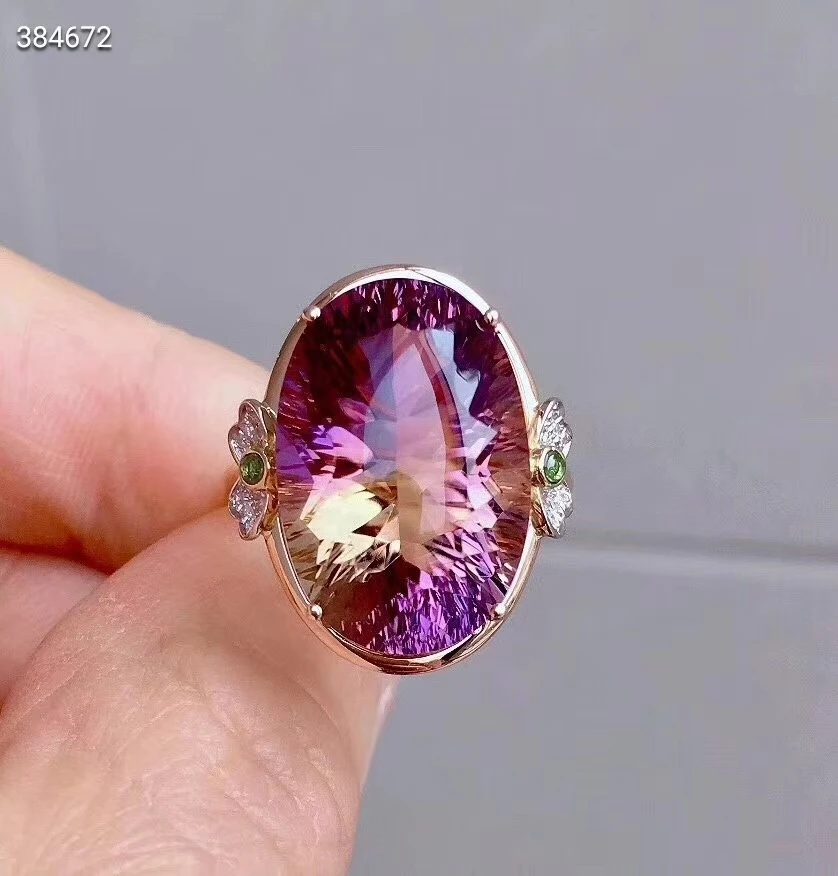 Natural Purple Yellow Ametrine Quartz Faceted Ring Women Rare Adjutable Ametrine Ring 12*16mm Rare Jewelry AAAAAA