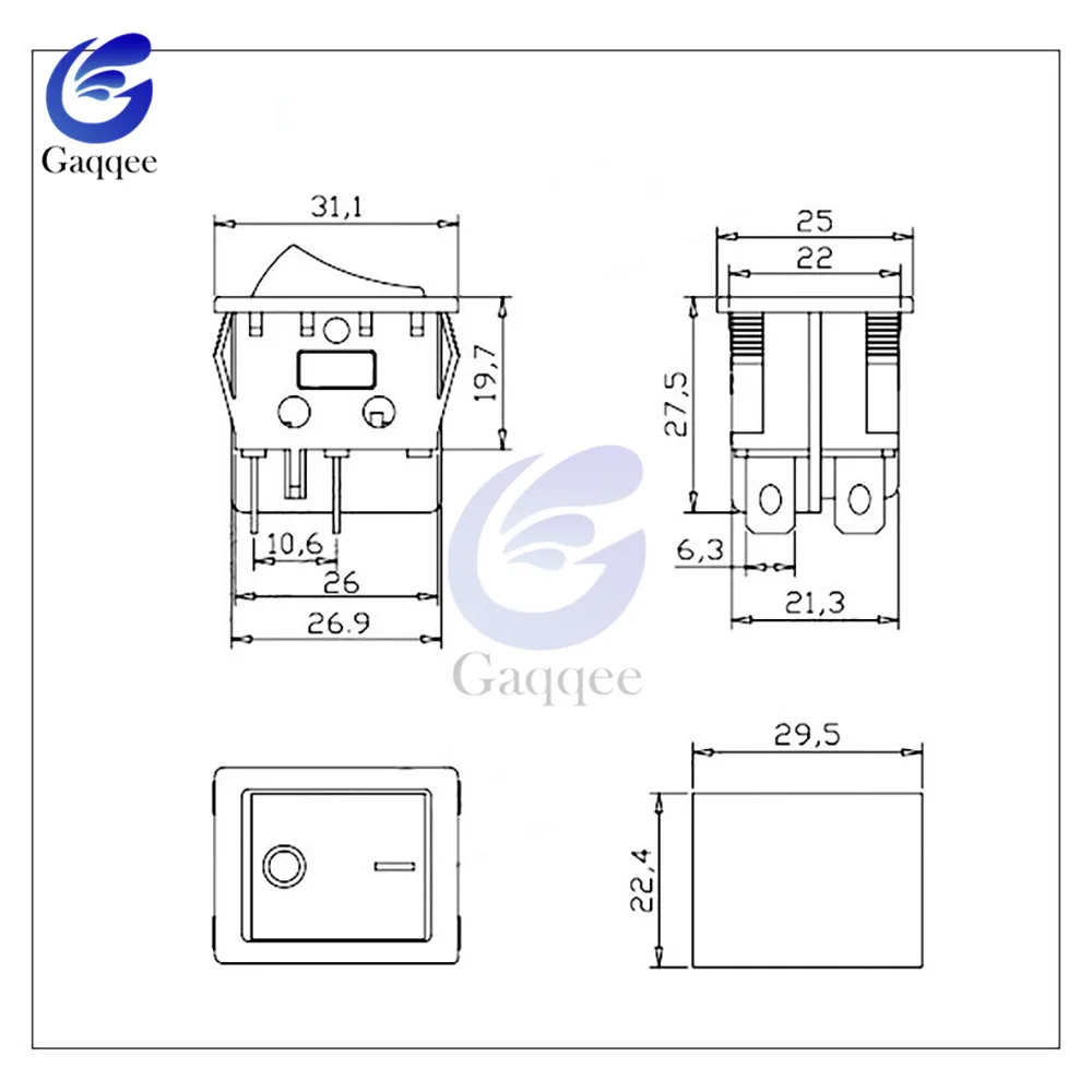 KCD4 Interruptor de balancim de cobre, interruptor do tipo navio com luz, contatos prateados, 30A, 250V, 25x31mm, 2 arquivos, 6 pinos