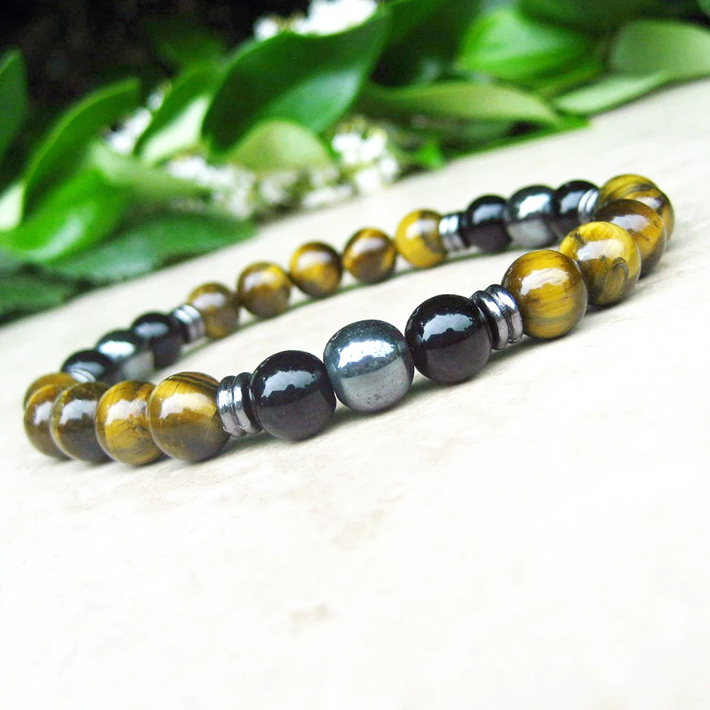 MG0719 8 mm Hematite Tiger's Eye Mala Bracelet Black Onyx Healing Yoga Prayer Bracelet Mens Stress Relief Energy Bracelet