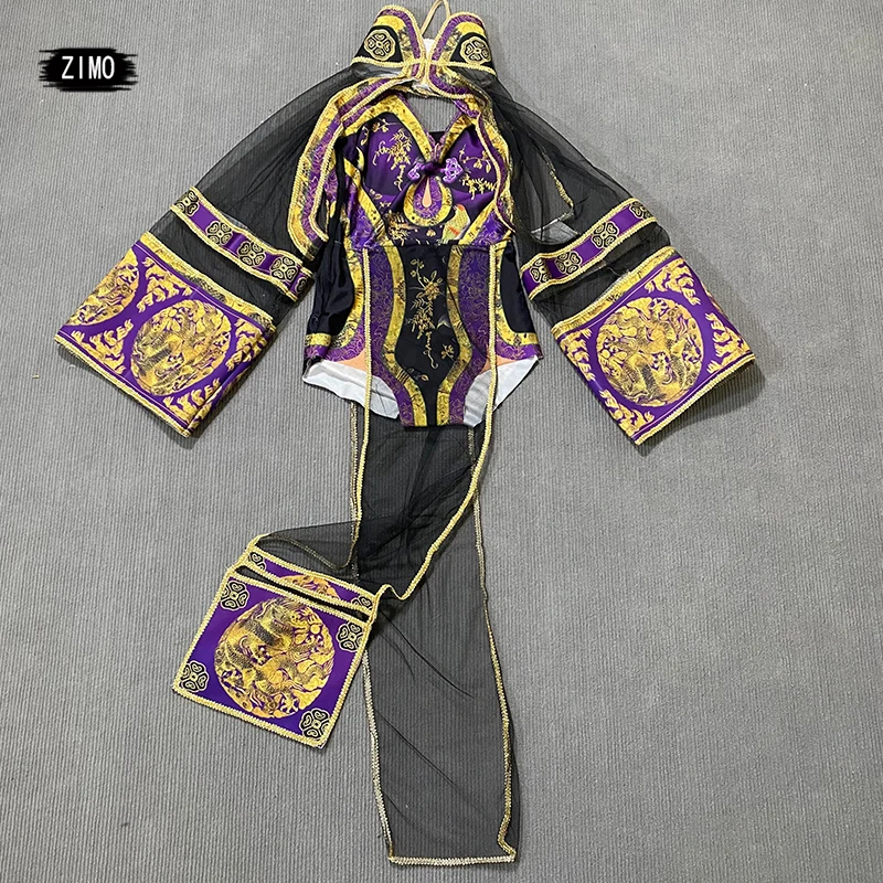 custom sexy chinese hanfu dress print 2 pieces set bodysuit women singer club Prom birthday bar Party performance dancing outfit