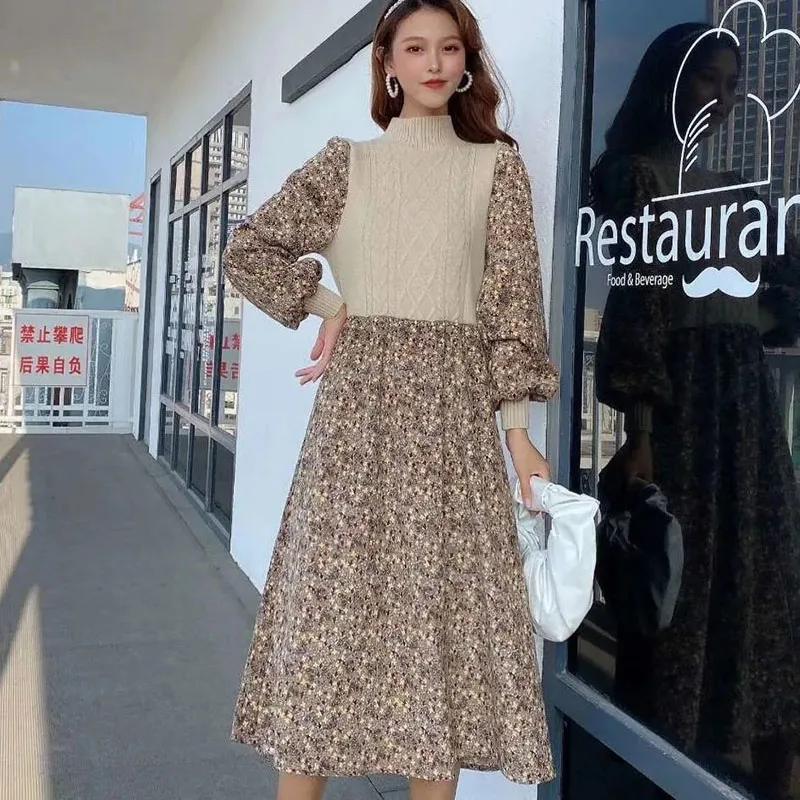 Autumn Women Dress Vintage Corduroy Patchwork Knitted Floral Print Dress Casual Half High Collar Midi Dress A-line Vestidos