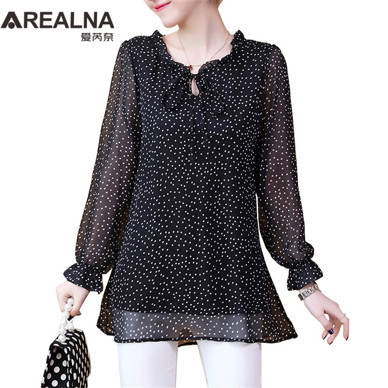 Elegant Women's Shirts Fashion Woman Blouses 2023 Polka Dot Chiffon Tunics Puff Long Sleeve Clothing Black Shirt Oversized Tops