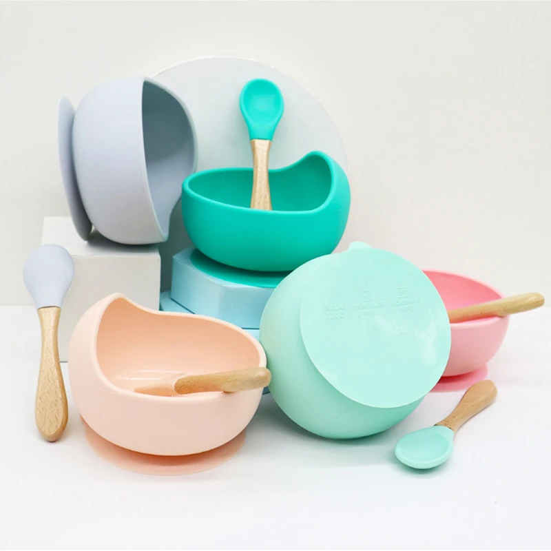 

Silicone Baby Feeding Bowl Set Baby Silicone Bowl Learning Dishes Suction Bowl Set Wood Spoon Non-Slip Baby Bowl Baby Plate