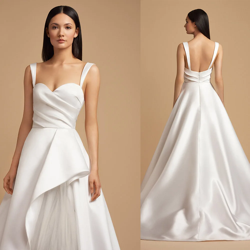 Satin French Style Open Back A-Line Spaghetti Strap Light Luxury Wedding Dress