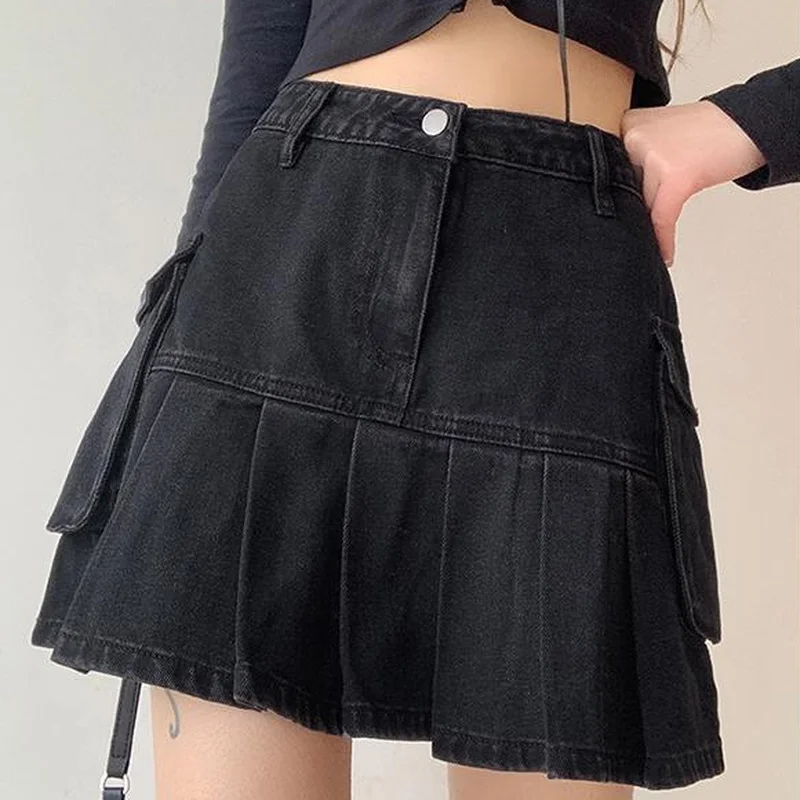 Saias femininas dobras denim mini sexy kawaii streetwear estilo coreano chique casual a linha do vintage moda harajuku doce meninas