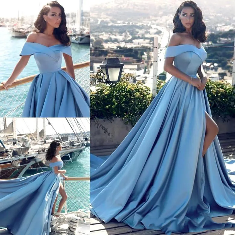 Elegant Evening Dress Light Blue ปิดไหล่แยกโมเดิร์นคำอย่างเป็นทางการ Party ชุดราตรี Vestido Feminino Festa ใหม่