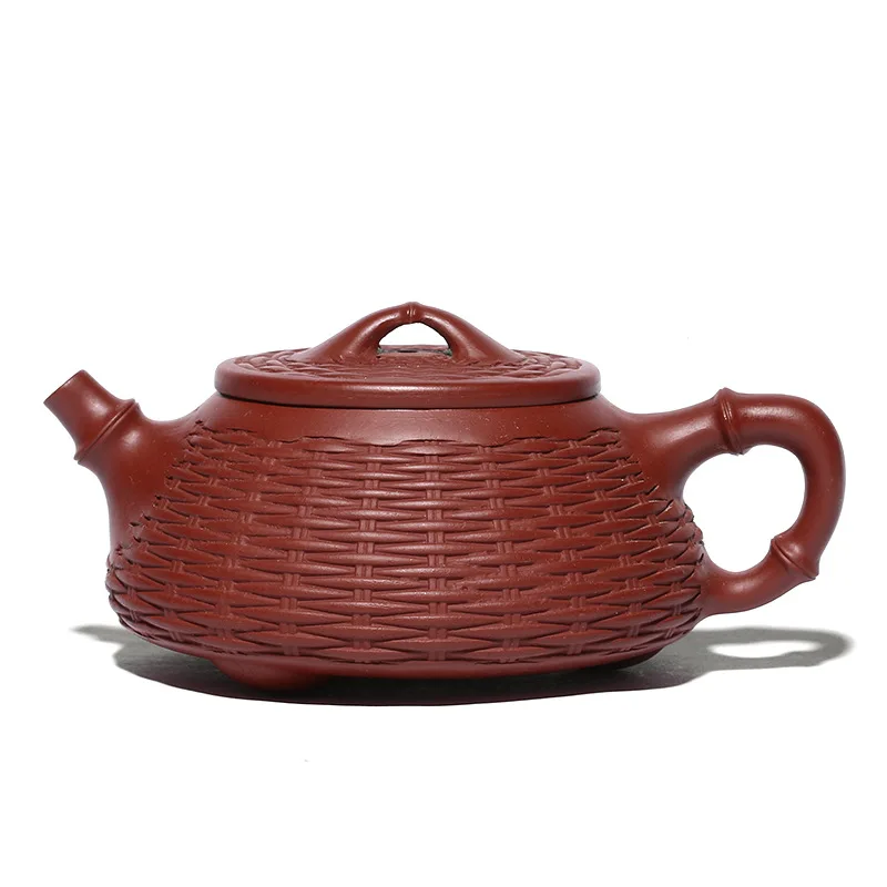 Dahongpao-Handmade Bamboo Woven Stone Scoop Pot, Zisha Teapot, Kung-Fu Teaware, Purple Clay, Drinkware for Puer Green