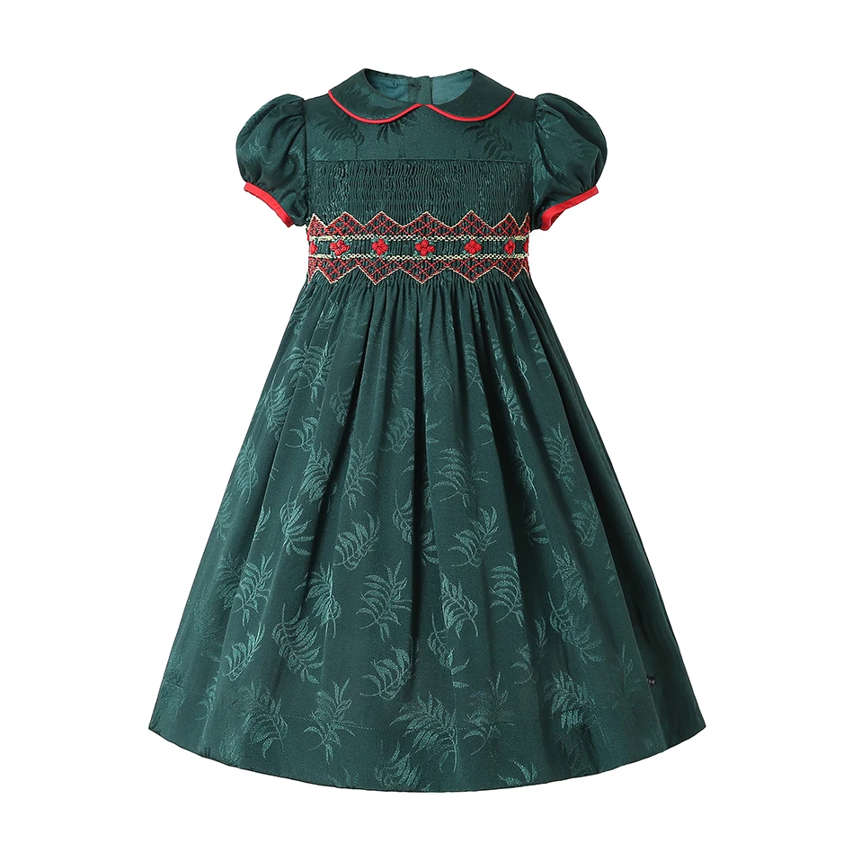 Pettigirl Elegant Christmas Green Spanish Handmade Smocked Dresses Smocking Children Outfits Sets for Girls Age 2345681012Years