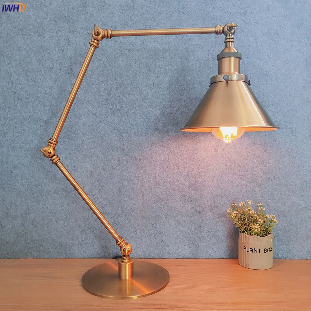 IWHD Loft Vintage LED Table Lamp Bedroom Study Living Room 110V/220V Gold Color Industrial Desk Lamp Luminaria Lamparas De Mesa