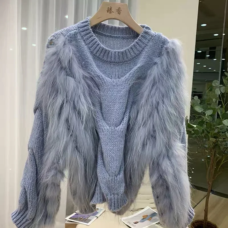 Women's  Raccoon Fur Knitted Sweater Autumn Winter 2021 New Japanese Style Female Loose Fur Pullover Sweaters