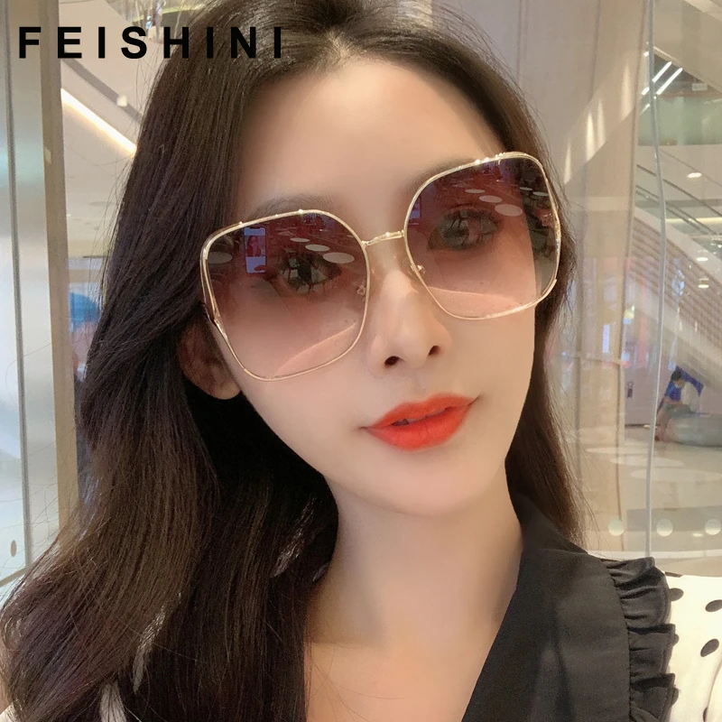 

FEISHINI High Quality Brand Trendy Metal Oversized Square Sunglasses Women Fashion UV400 Protector Korea Glasses Luxury Original