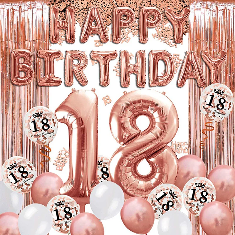 

18th Rose Gold Birthday Party Decoration, Happy Birthday Banner, Helium Number Balloon 18th 21th 30th 40th 50th 60