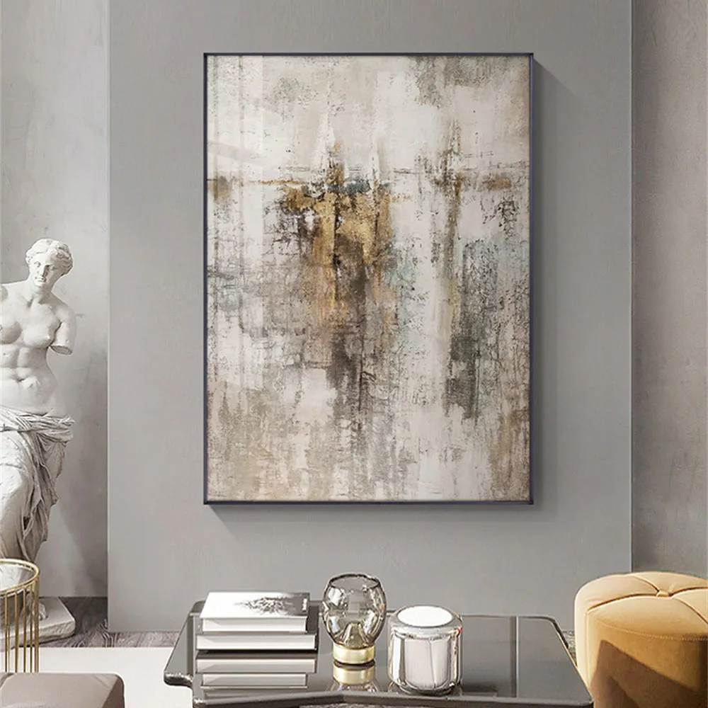 Hand Pained Wall Pictures Retro And Nostalgic Oil Paintings On Canvas Golden Gray Abstract Art Painting Modern Villa Hotel Decor