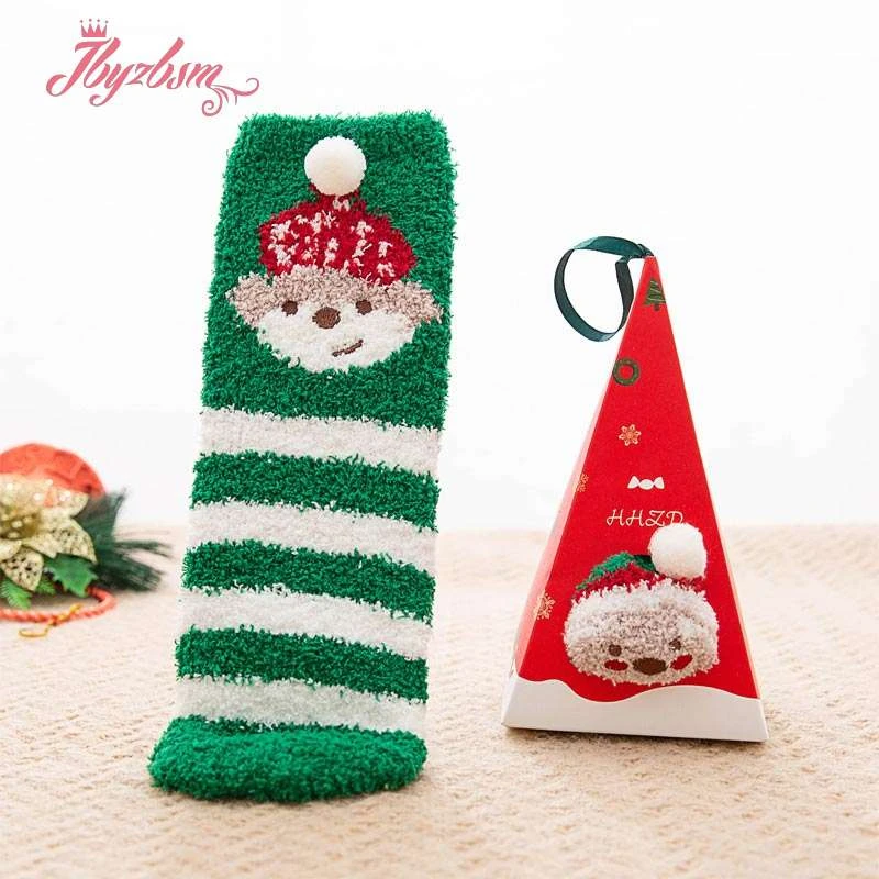Cute Animal Design Deer Christmas Socks Gift 3D Fluffy Coral Velvet Thick Fleece-lined Warm Winter Sock For Women New Year Gift