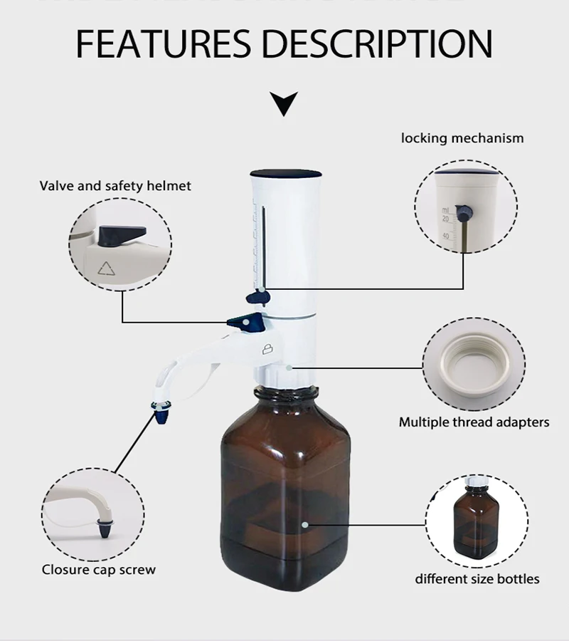 IKEME Bottle Top Dispenser Large Capacity Pipette 0.5-100ml Chemical Storage Bottle Dispenser Autoclaving Laboratory Equipment