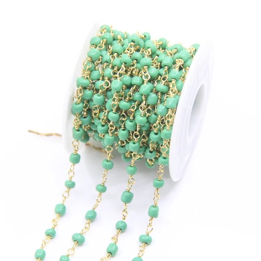 New! 5Meter Colourful Ceramics Glass Rondelle Bead Rosary Chains,Plated Golden Brass Wrapped Beaded Women Sweater chains Jewelry