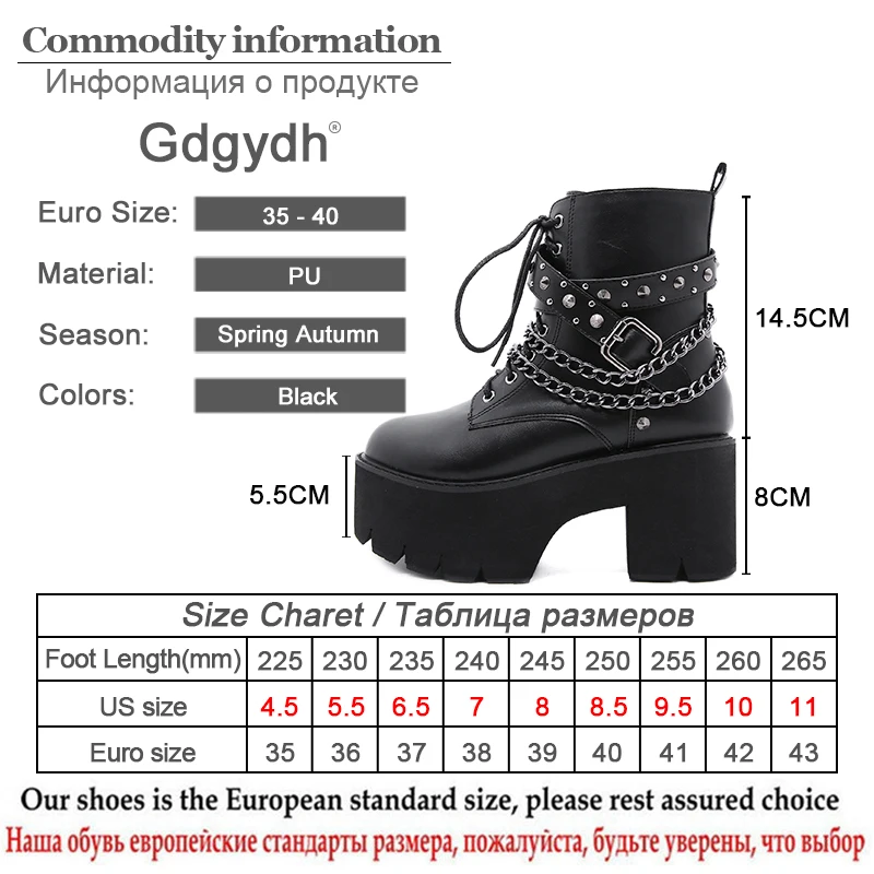 Gdgydh 2022 Gothic Black Ankle Boots For Women Plus High Heel Female Shoes Lace-Up Nigh Club Black Sexy Rivets Chain Short Boots