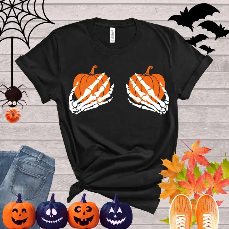 Skeleton Hands Shirt Funny Halloween  Happy Party Trick or Treat Hand Bra Shirt Short Sleeve 100% Cotton Top Tee O Neck y2k goth