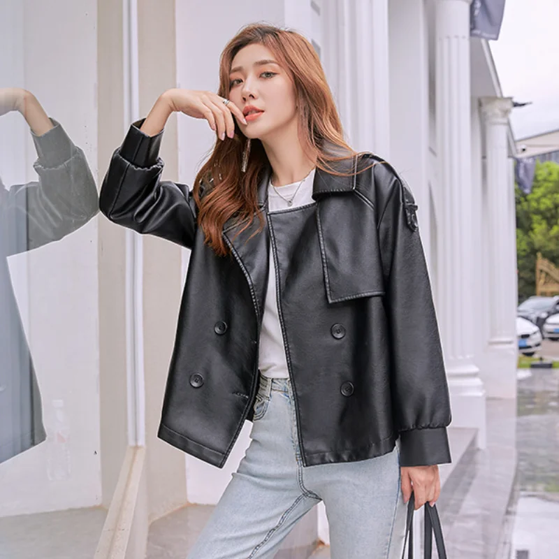 Outono meninas moto motociclista jaqueta de couro feminino preto pu primavera casaco duplo breasted estilo coreano solto casual outwear streetwear