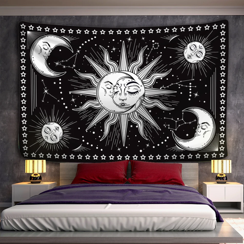 White Black Sun Moon Mandala Tapestry Wall Hanging Hippie Wall Celestial Wall Tapestry Carpets Dorm Decor Psychedelic Tapestry