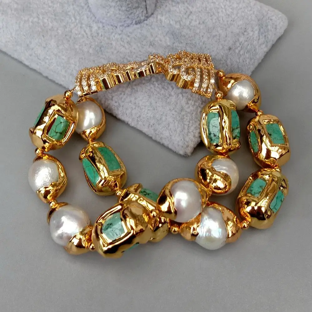 KKGEM  Luxury style 13x20mm Green Turquoise nugget White Freshwater Pearl With Electroplated Edge Bracelet
