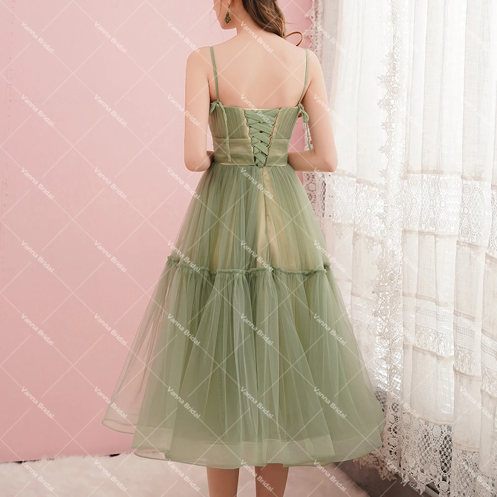 Krótkie paski Spaghetti Ruched Tulle suknie ślubne Sweetheart Lace Up Tea długość Backless bez rękawów Prom suknie ślubne