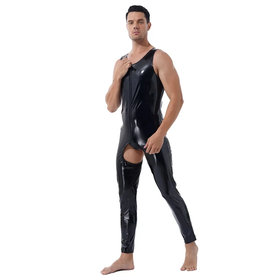 Combinaison en cuir PVC à entrejambe ouvert pour hommes, batterie en latex saillante, costume de tambour en cuir brillant, sans entrejambe, sexe