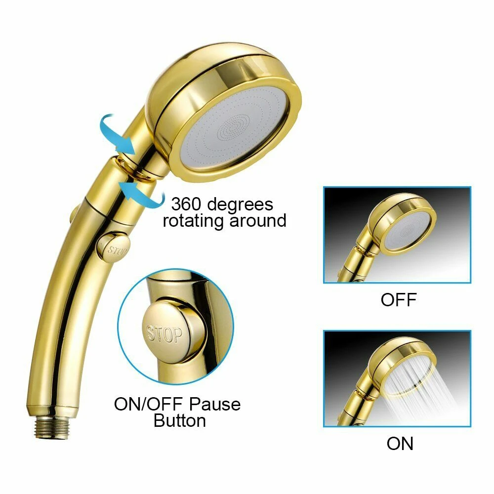 3 In 1 High Pressure Shower head Handheld with ON/OFF Pause Switc Gold 360 Degree Rotating 3 Speed Adjustment Shower Head