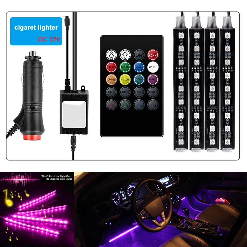 Car Interior Atmosphere LED RGB Strip Light Dash Floor Foot RGB LED Strip Decorative Light Music sound Control Multiple lighting