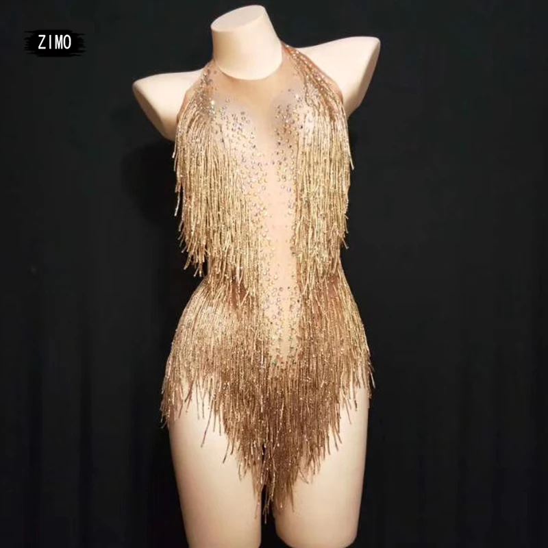 Sparkly Rhinestone Bodysuit gold red Tassel Leotard Nightclub Dance Wear Show women Stage Jazz DJ party Singer Outfit costumes