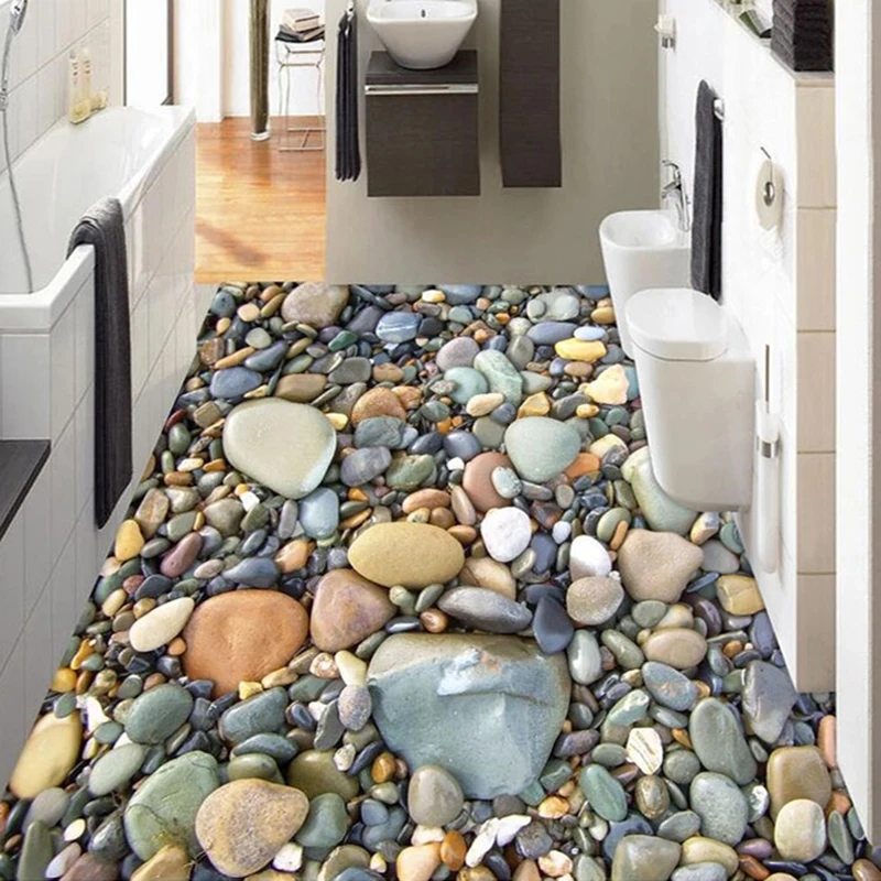 Custom Large Size Sticker PVC Waterproof Self Adhesive Floor Mural 3D Stone Pebbles Living Room Bathroom Tiles Floor Decoration