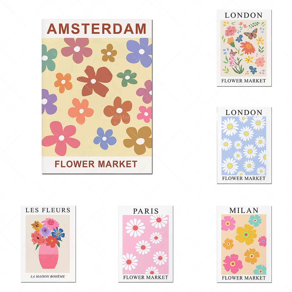 

Flower market prints, Amsterdam flower market posters, French wall art, flowers in vases abstract floral retro style plant poste