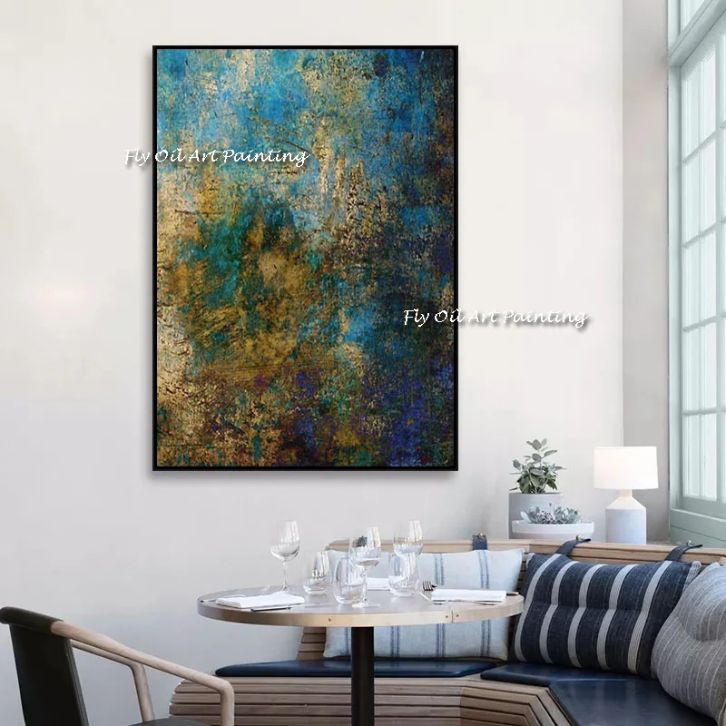 100% Handmade Abstract Blue Golden Painting Modern Canvas Art Fashion Wall Pictures for Living Room Big Dark Blue Paintings